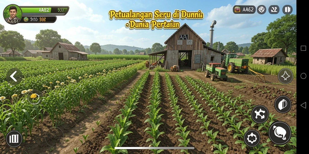 Screenshot gameplay AA62 menunjukkan kebun yang hijau dan rapi.