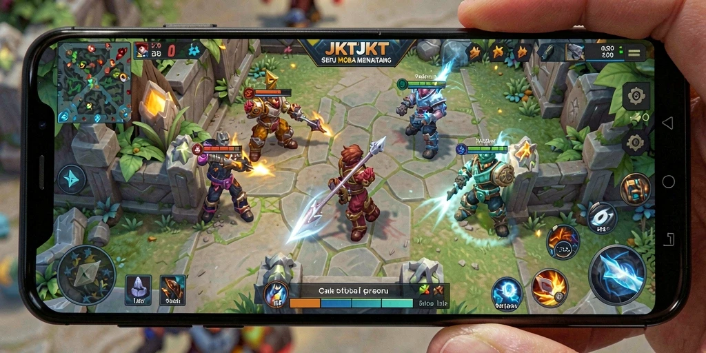 Tampilan gameplay seru dalam JKTJKT dengan aksi MOBA.