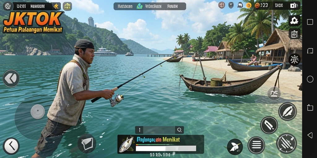 Tampilan gameplay JKTOK yang menampilkan aksi memancing yang seru.