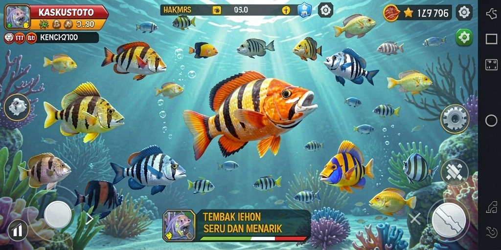 Tampilan gameplay menembak ikan dengan grafis yang mengagumkan.