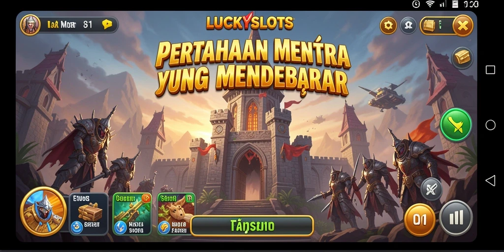 Screenshot gameplay LUCKYSLOTS menunjukkan pertahanan menara yang dinamis dan seru.