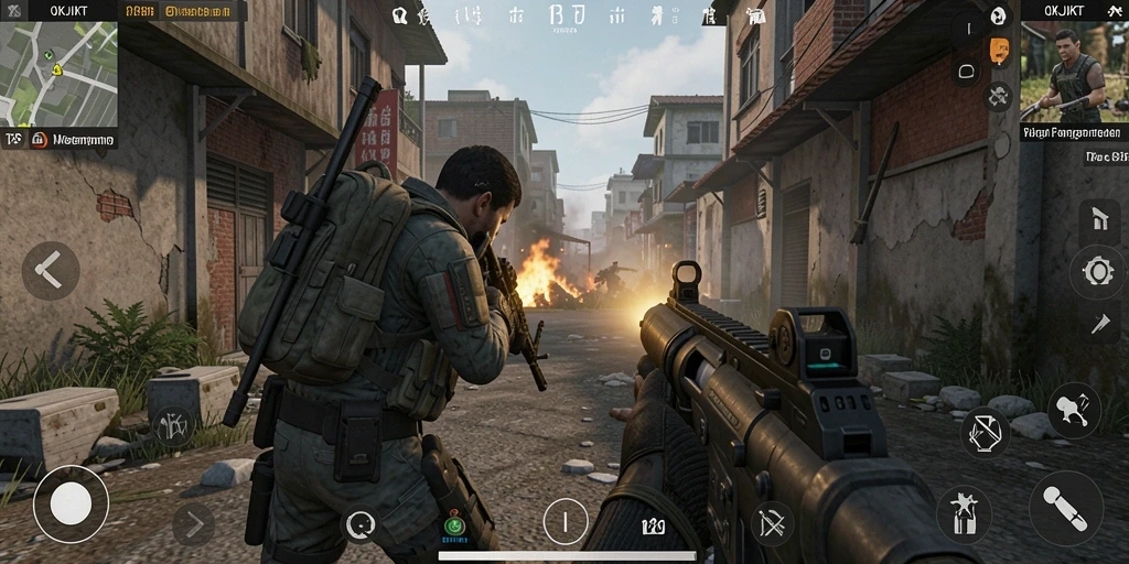 Screenshot gameplay OKJKT menampilkan aksi tembak-menembak yang intens.