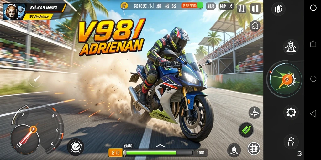 Gameplay V98 menampilkan balapan motor yang intens dan penuh aksi.