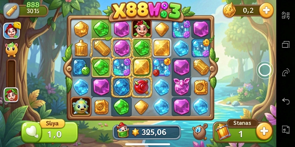 Tampilan gameplay penuh warna dan tantangan Match-3 yang seru.